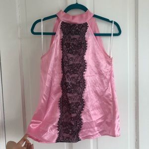 3/$36 A Byer Pink Satin Lace Tie Neck Top